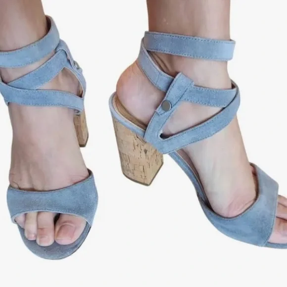🩷 Sigerson Morrison; Paulina Slate Blue Suede Ankle Wrap Cork Sandals; Sz. 7.5! - Picture 3 of 12